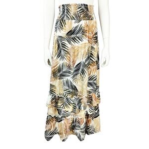 Robert Louis White Brown Tropical Palm Leaf Print Iered Ruffle Maxi Skirt NEW